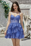 Gorgeous A Line Spaghetti Straps Dark Blue Sparkly Corset Homecoming Dress