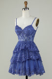Cute A Line Spaghetti Straps Dark Blue Sparkly Corset Graduation Dress