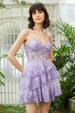Zapaka Women Purple Graduation Dress Spaghetti Straps Sparkly Corset Short Party Dress