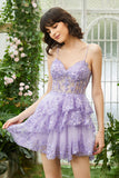 Sparkly Spaghetti Straps Sequins Purple Short Graduation Dress