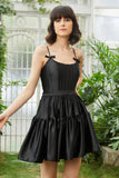 A-Line Spaghetti Straps Black Short Graduation Dress