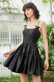 A-Line Spaghetti Straps Black Short Graduation Dress