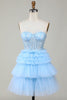 Load image into Gallery viewer, Cute A-Line Sweetheart Blue Corset Short Graduation Dress with Ruffles