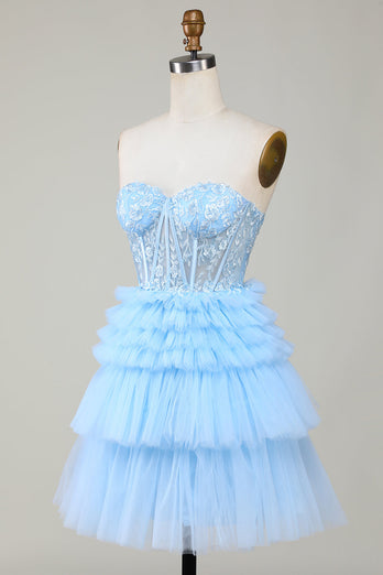 Cute A-Line Sweetheart Blue Corset Short Graduation Dress with Ruffles