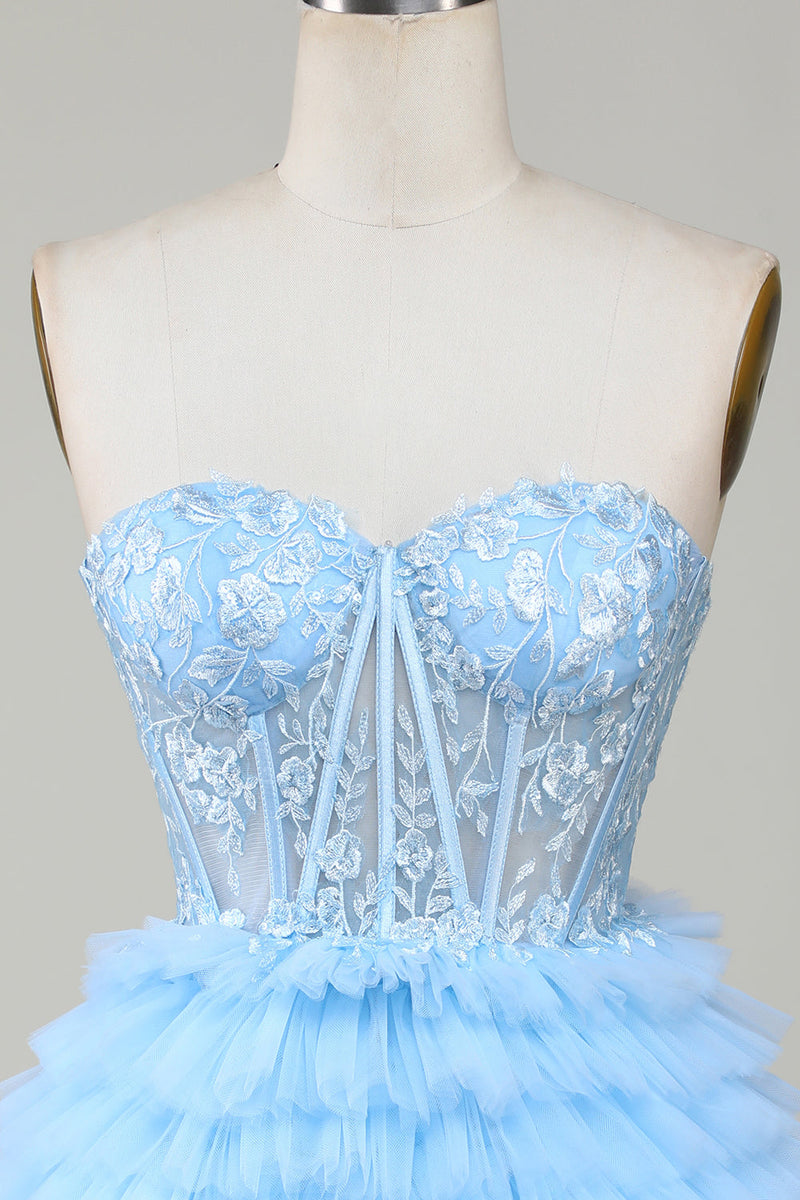 Load image into Gallery viewer, Cute A-Line Sweetheart Blue Corset Short Graduation Dress with Ruffles