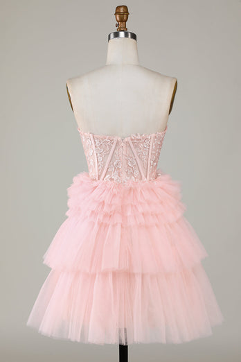 Trendy A-Line Sweetheart Pink Short Graduation Dress with Ruffles