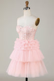 Trendy A-Line Sweetheart Pink Short Graduation Dress with Ruffles