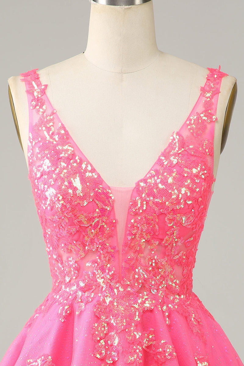 Load image into Gallery viewer, Fuchsia Sequined V Neck Backless Short Homecoming Dress