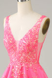 Fuchsia Sequined V Neck Backless Short Homecoming Dress