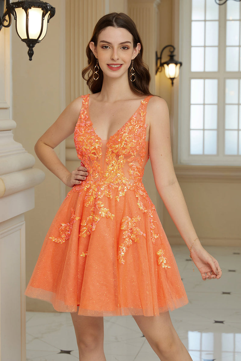 Load image into Gallery viewer, Orange A Line Glitter Homecoming Dress with Sequins