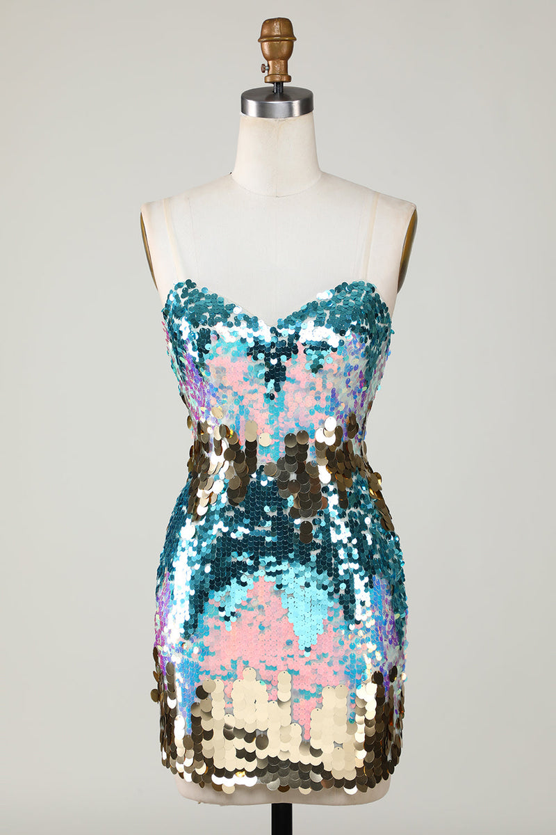 Load image into Gallery viewer, Sparkly Blue Sequined Tight Short Graduation Dress