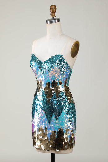 Sparkly Blue Sequined Tight Short Graduation Dress