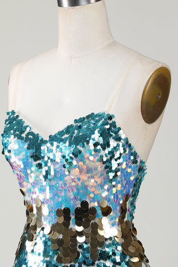 Sparkly Blue Sequined Tight Short Graduation Dress