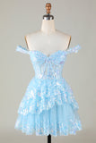 Sparkly Blue Corset Tiered Lace A-Line Short Homecoming Dress