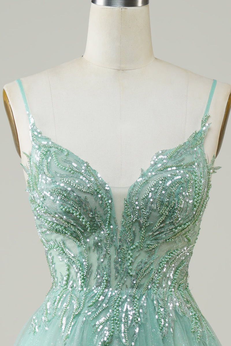Load image into Gallery viewer, Green A Line Cute Homecoming Dress with Beaded
