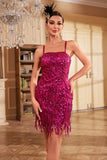 Sheath Spaghetti Straps Fuchsia Sequins 1920s Party Dress with Fringe