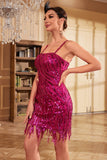 Sheath Spaghetti Straps Fuchsia Sequins 1920s Party Dress with Fringe