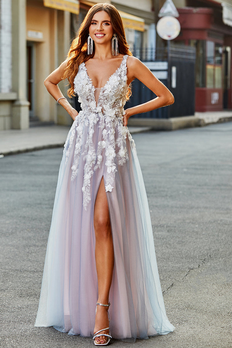 Load image into Gallery viewer, Grey Pink A Line Deep V Neck Long Prom Dress with Appliques