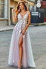 Load image into Gallery viewer, Grey Pink A Line Deep V Neck Long Prom Dress with Appliques