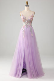 Glitter A-Line Spaghetti Straps Lilac Long Prom Dress with Flowers