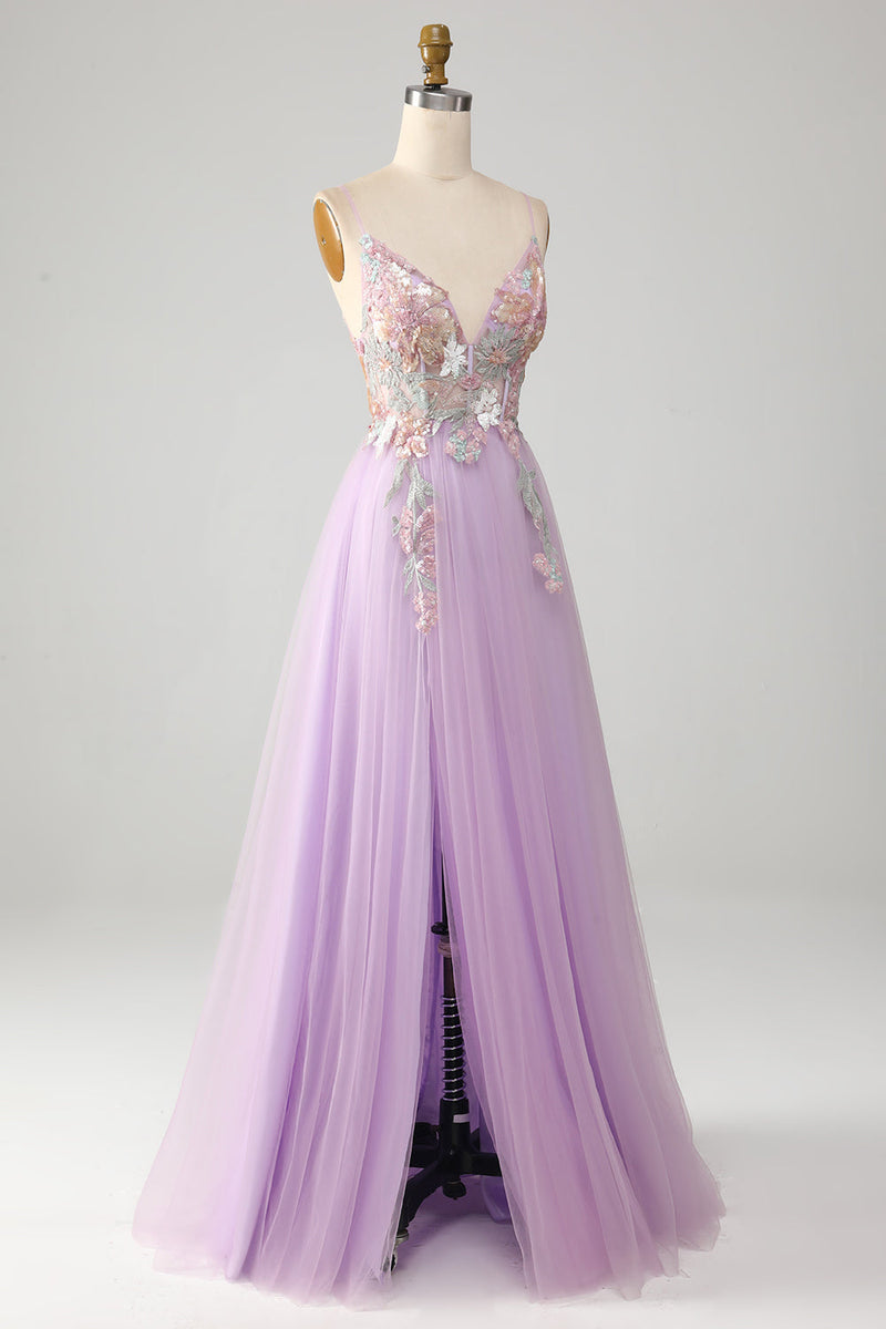 Load image into Gallery viewer, Glitter A-Line Spaghetti Straps Lilac Long Prom Dress with Flowers