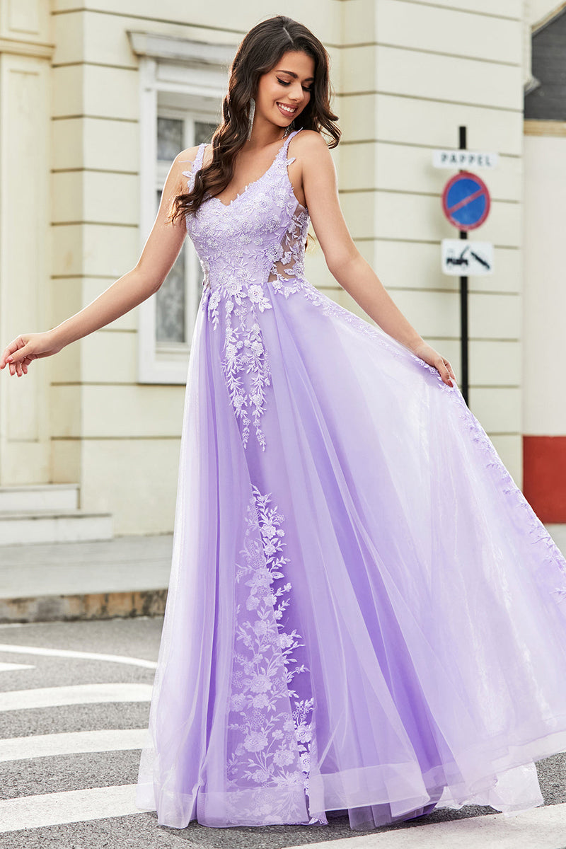 Load image into Gallery viewer, Gorgeous A Line Spaghetti Straps Lilac Tulle Long Prom Dress with Appliques