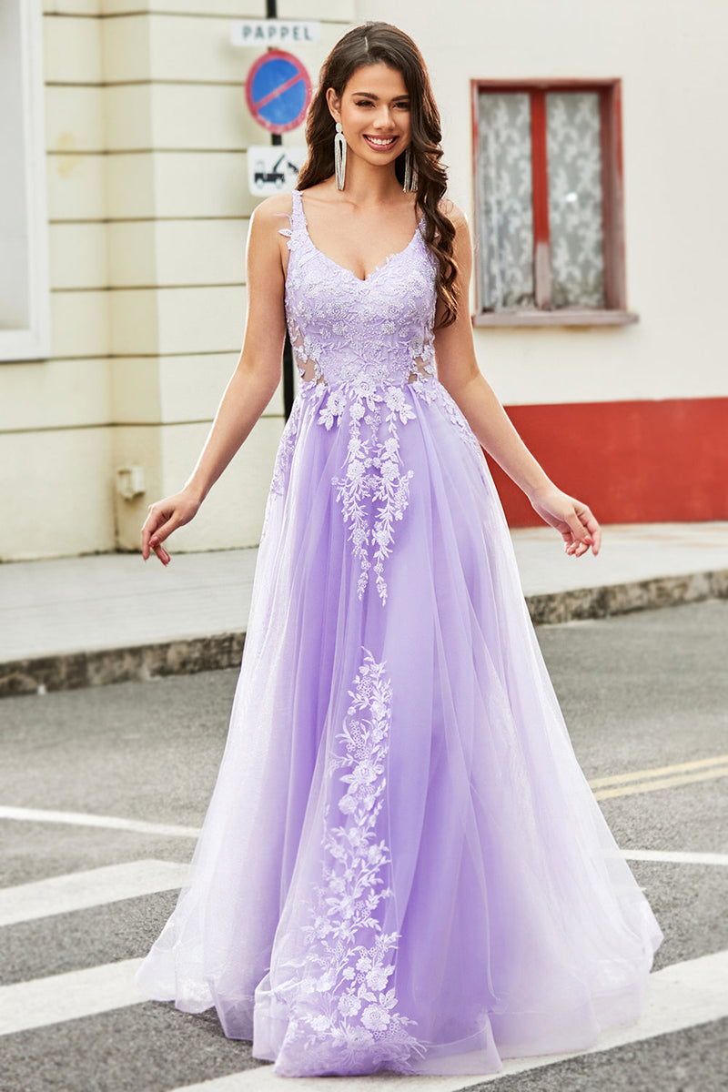 Load image into Gallery viewer, Gorgeous A Line Spaghetti Straps Lilac Tulle Long Prom Dress with Appliques