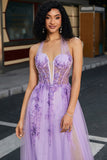 Gorgeous A Line Halter Neck Grey Purple Corset Prom Dress with Appliques