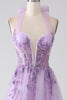 Load image into Gallery viewer, Grey Purple A-Line Halter Neck Beaded Long Prom Dress