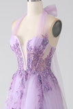 Grey Purple A-Line Halter Neck Beaded Long Prom Dress