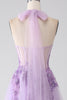 Load image into Gallery viewer, Grey Purple A-Line Halter Neck Beaded Long Prom Dress