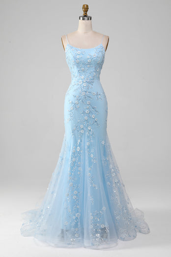 Sparkly Light Blue Beaded Mermaid Long Prom Dress