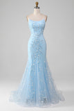 Mermaid Blush Spaghetti Straps Prom Dress with Appliques