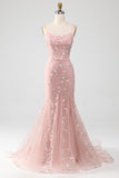 Mermaid Blush Spaghetti Straps Prom Dress with Appliques