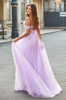 Off The Shoulder Lilac A-Line Beaded Corset Prom Dress