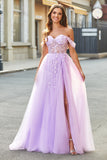 Off The Shoulder Lilac A-Line Beaded Corset Prom Dress