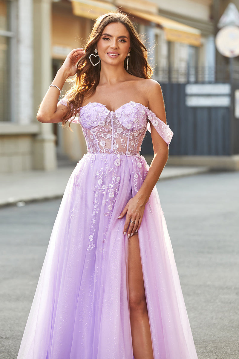 Load image into Gallery viewer, Off The Shoulder Lilac A-Line Beaded Corset Prom Dress