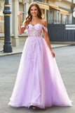 Off The Shoulder Lilac A-Line Beaded Corset Prom Dress