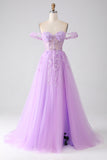 Lilac A-Line Off The Shoulder Beaded Corset Prom Dress