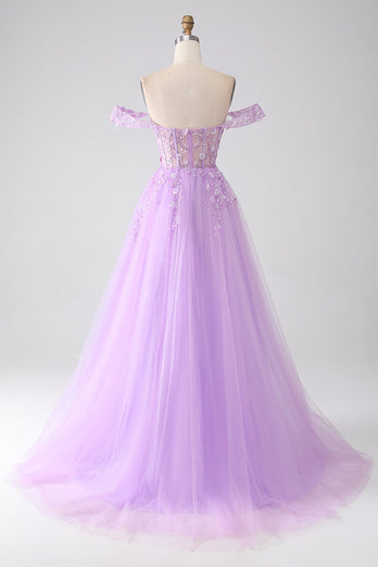Lilac A-Line Off The Shoulder Beaded Corset Prom Dress