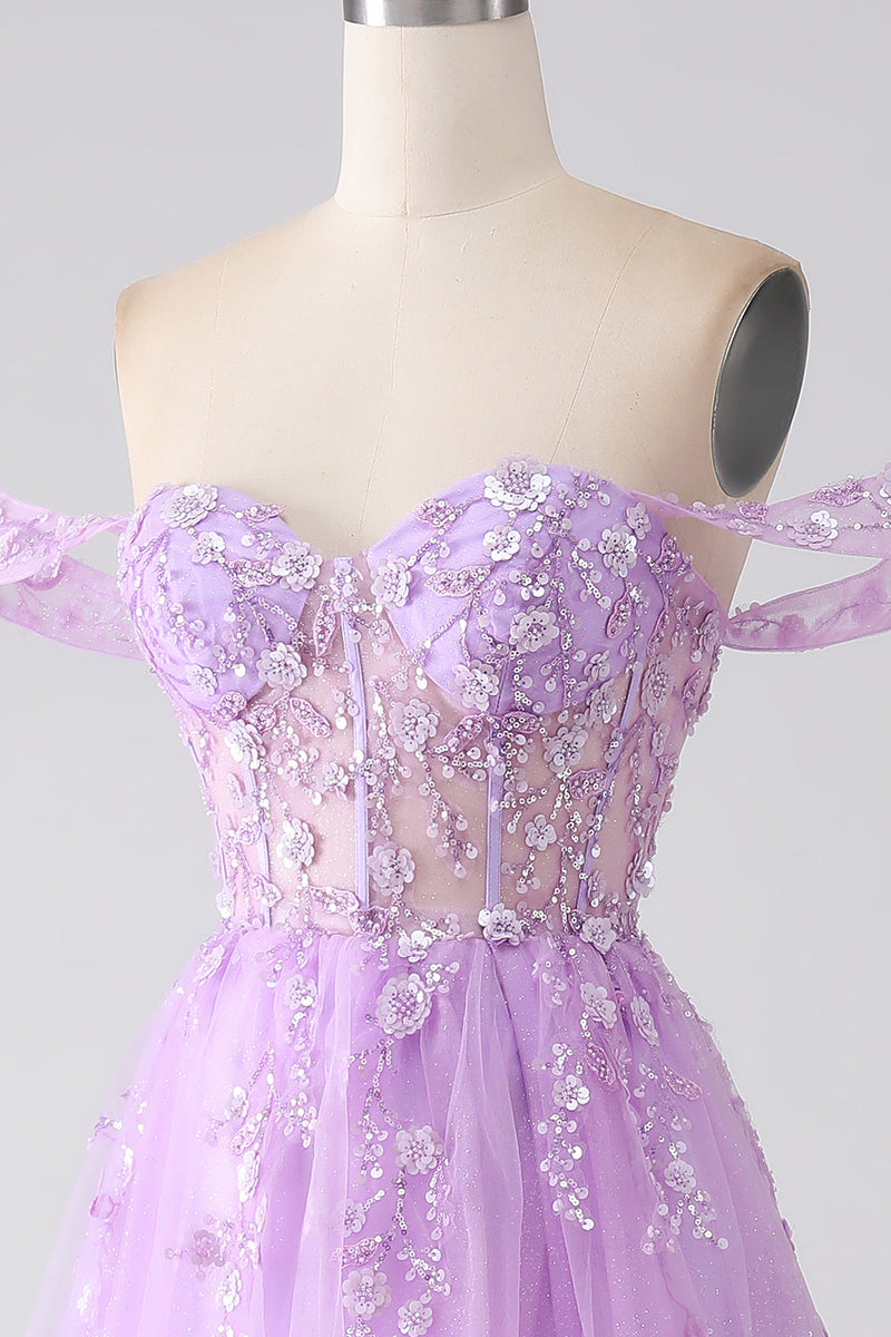 Load image into Gallery viewer, Lilac A-Line Off The Shoulder Beaded Corset Prom Dress