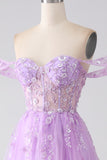 Lilac A-Line Off The Shoulder Beaded Corset Prom Dress