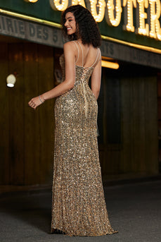Sparkly Mermaid Golden Long Fringed Prom Dress with Slit