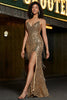 Load image into Gallery viewer, Sparkly Mermaid Golden Long Fringed Prom Dress with Slit