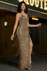 Load image into Gallery viewer, Sparkly Mermaid Golden Long Fringed Prom Dress with Slit