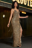 Sparkly Mermaid Golden Long Fringed Prom Dress with Slit