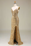 Sparkly Mermaid Golden Long Prom Dress with Slit