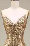 Sparkly Mermaid Golden Long Prom Dress with Slit