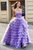 Load image into Gallery viewer, Tulle A-Line Purple Tiered Long Prom Dress with Slit