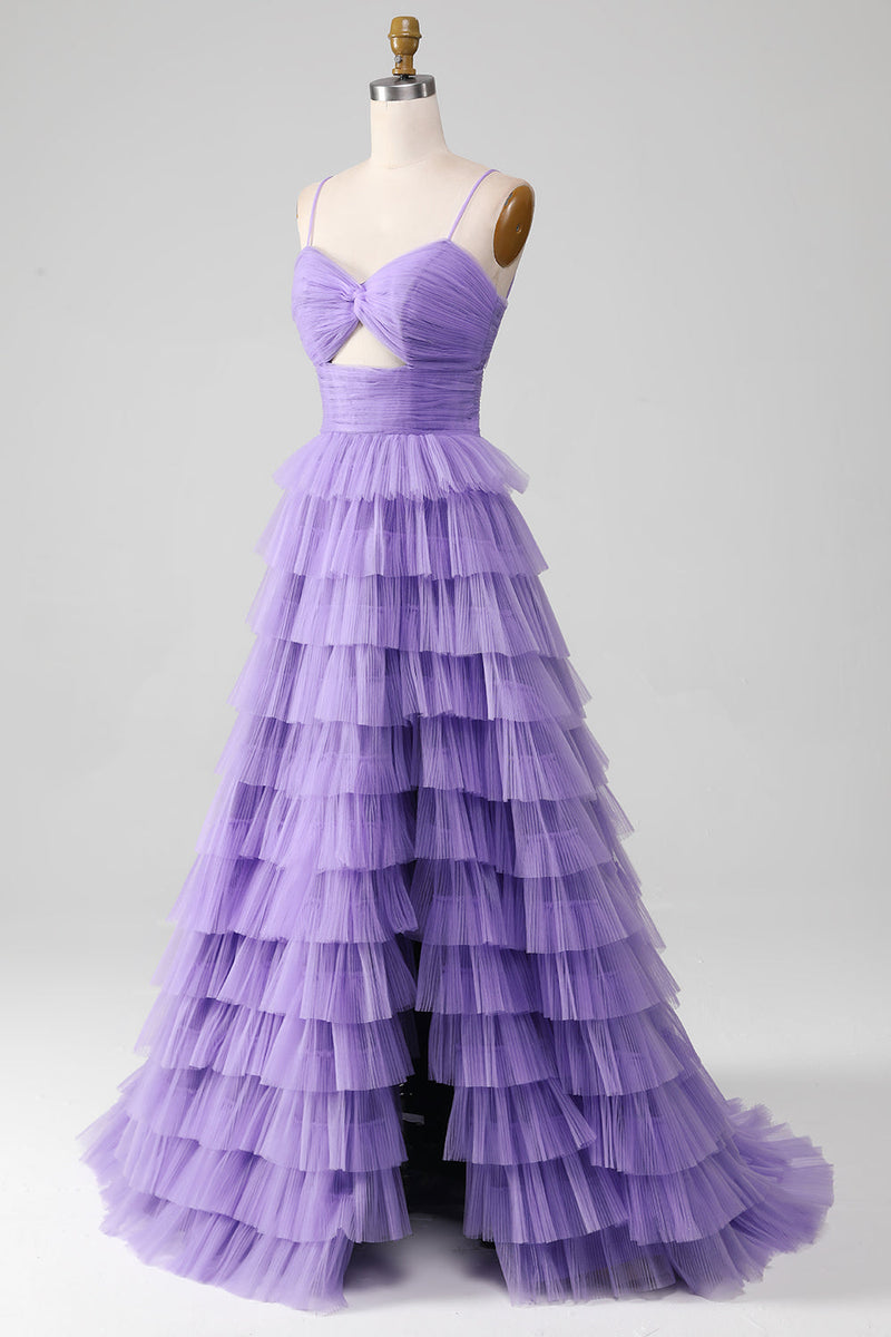 Load image into Gallery viewer, Purple Tulle A-Line Tiered Long Prom Dress with Slit